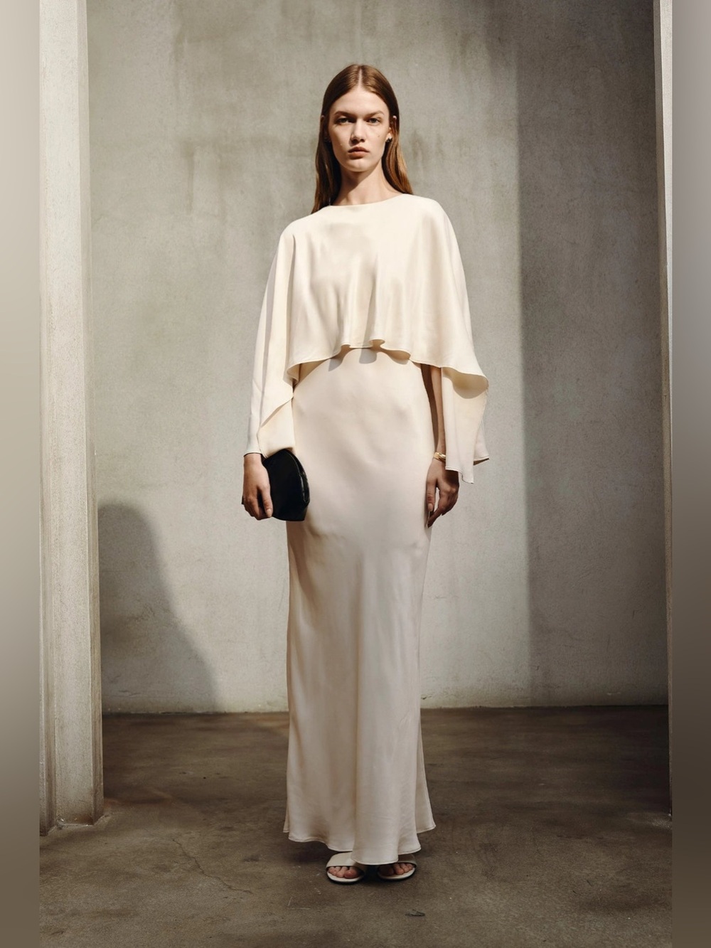 Rue Sophie Jewell Dress in Creme Midi Cape Satin Unlined Bridal Bride Revolve